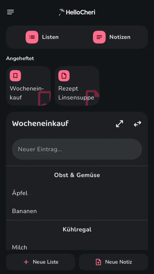 HelloCheri-Startseite mit Listen, Notizen und angehefteter Einkaufsliste