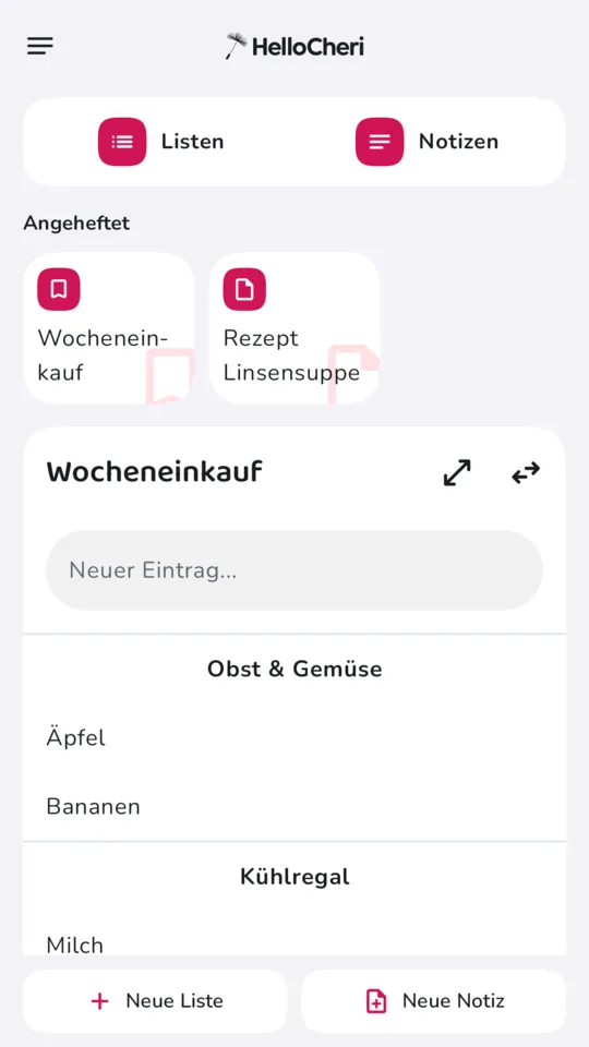HelloCheri-Startseite mit Listen, Notizen und angehefteter Einkaufsliste
