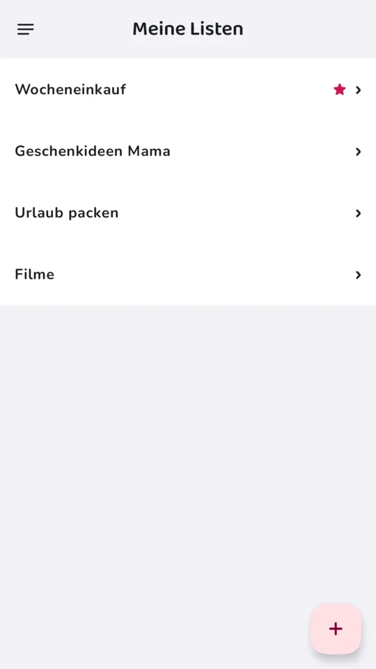 Übersicht der Listen, darunter Urlaub packen